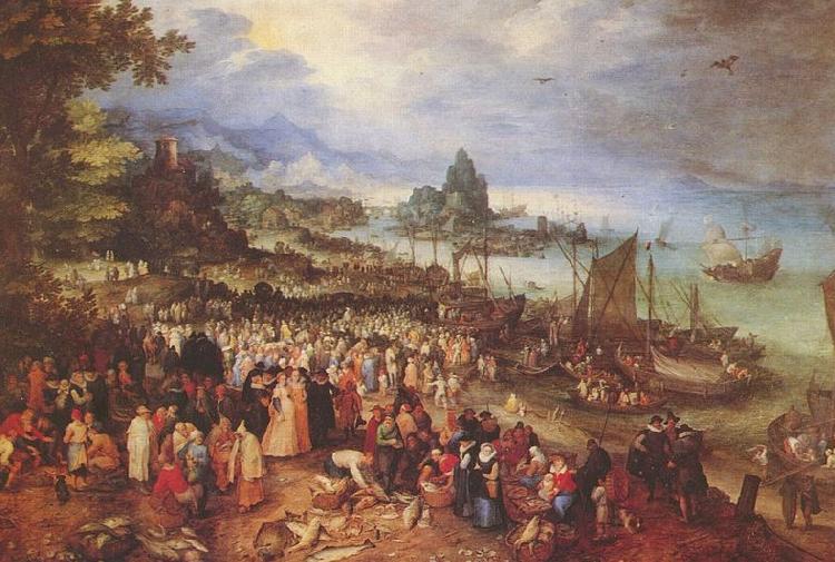 Jan Brueghel Sea port with the lecture of Christ oil painting image
